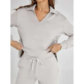 Glamaker Lounge Sets For Women 2 Piece Outfits Long Sleeve Polo V Neck Oversized Matching Sweat Sets (Light Grey M)