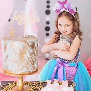 Mepase Little Girls Mermaid Tutu Dress with Headband, Mermaid Costume Outfits Tutu Skirt with Purple Mermaid Sequin Bling Bag for Girls Birthday Party, large size (5-6 T)