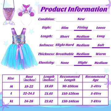 Mepase Little Girls Mermaid Tutu Dress with Headband, Mermaid Costume Outfits Tutu Skirt with Purple Mermaid Sequin Bling Bag for Girls Birthday Party, large size (5-6 T)