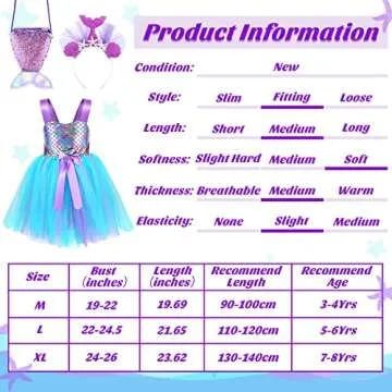 Mepase Little Girls Mermaid Tutu Dress with Headband, Mermaid Costume Outfits Tutu Skirt with Purple Mermaid Sequin Bling Bag for Girls Birthday Party, large size (5-6 T)
