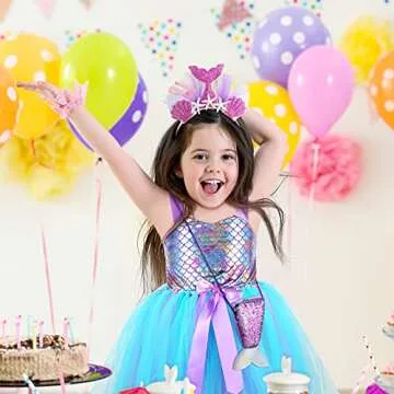 Mepase Little Girls Mermaid Tutu Dress with Headband, Mermaid Costume Outfits Tutu Skirt with Purple Mermaid Sequin Bling Bag for Girls Birthday Party, large size (5-6 T)