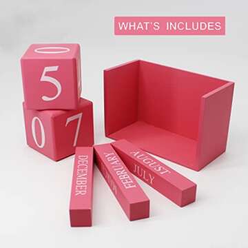 YUUFUU Wooden Perpetual Desk Calendar Blocks, Pink Desk Accessories Wood Cubical Decorations Calenda...