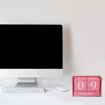 YUUFUU Wooden Perpetual Desk Calendar Blocks, Pink Desk Accessories Wood Cubical Decorations Calendar Month Date Display Home Office Desk Decor Gifts for Women Men (Pink)