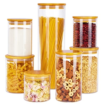 Vtopmart Glass Food Storage Jars, 7 Pack Food Containers with Airtight Bamboo Wooden Lids for Pasta,...