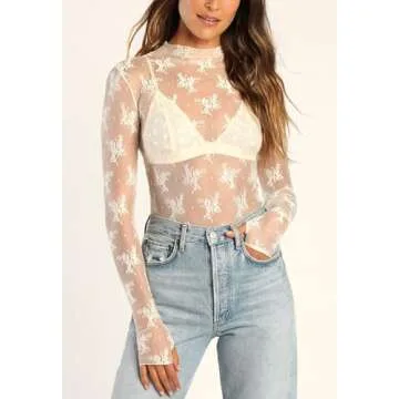 Sheer Mesh Long Sleeve Layering Top for Women Mock Neck Floral Lace Tshirt See Through Tee Shirt Blo...
