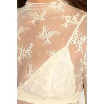Sheer Mesh Long Sleeve Layering Top for Women Mock Neck Floral Lace Tshirt See Through Tee Shirt Blouse(Flower Beige,Small