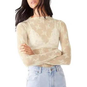 Sheer Mesh Long Sleeve Layering Top for Women Mock Neck Floral Lace Tshirt See Through Tee Shirt Blouse(Flower Beige,Small