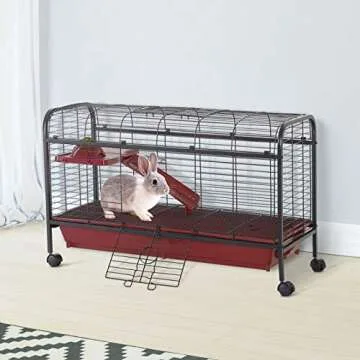PawHut 41" L Small Animal Cage Rabbit Hutch Ferret Pet Play House with Feeder, Rolling Wheels, Platf...