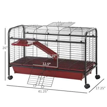 PawHut 41" L Small Animal Cage Rabbit Hutch Ferret Pet Play House with Feeder, Rolling Wheels, Platform, Ramp