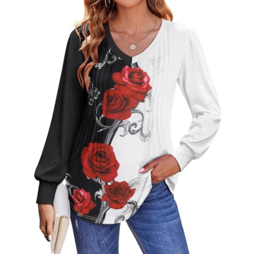 Zeagoo Women's Puff Long Sleeve V Neck Floral & Solid Tops