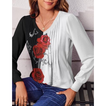 Stylish Puff Long Sleeve Floral Tops for Women