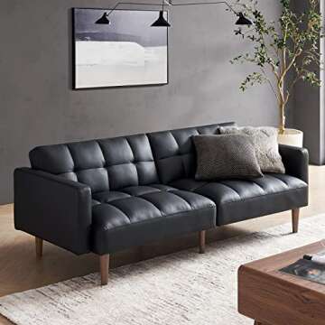 mopio Aaron Couch, Small Futon Sofa Bed, Sleeper, Loveseat, Mid Century Modern Futon Couch, Sofa Cama, Couches for Living Room, Bedroom (Midnight Black, Faux Leather)