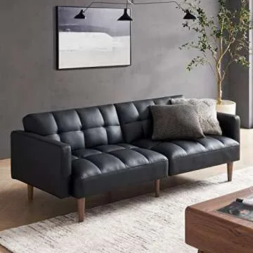 mopio Aaron Couch, Small Futon Sofa Bed, Sleeper, Loveseat, Mid Century Modern Futon Couch, Sofa Cama, Couches for Living Room, Bedroom (Midnight Black, Faux Leather)