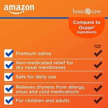 Amazon Basic Care Premium Saline Nasal Moisturizing Spray, 1.5 fl oz (Pack of 1), Clear