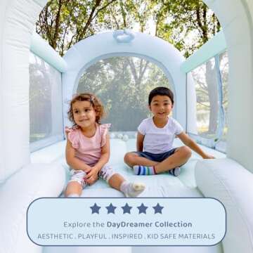 Bounceland Daydreamer Mist Bounce House, Pastel Bouncer with Slide, 8.9 ft L x 7.2 ft W x 6.7 ft H, UL Blower Included, Basketball Hoop, 30 Pastel Plastic Balls, Trendy Bouncer for Kids