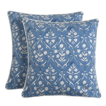 Ridhi Block Print Cotton Throw Pillow Covers for Decorative Couch Pillows for Living Room, Chic Boho Cute Outdoor Valentine Pillows Covers Gifts Baby Blue 18x18 Inches