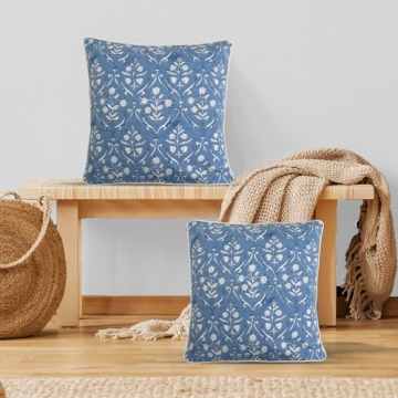 Ridhi Block Print Cotton Throw Pillow Covers for Decorative Couch Pillows for Living Room, Chic Boho Cute Outdoor Valentine Pillows Covers Gifts Baby Blue 18x18 Inches