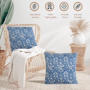 Ridhi Block Print Cotton Throw Pillow Covers for Decorative Couch Pillows for Living Room, Chic Boho Cute Outdoor Valentine Pillows Covers Gifts Baby Blue 18x18 Inches