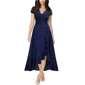 Miusol Women's V Neck Elegant Lace Ruffle Bridesmaid Maxi Dress (Medium, Navy Blue)
