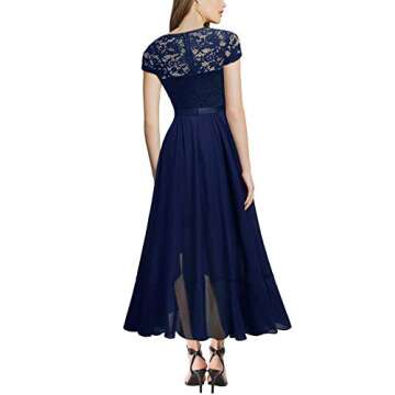 Miusol Women's V Neck Elegant Lace Ruffle Bridesmaid Maxi Dress (Medium, Navy Blue)