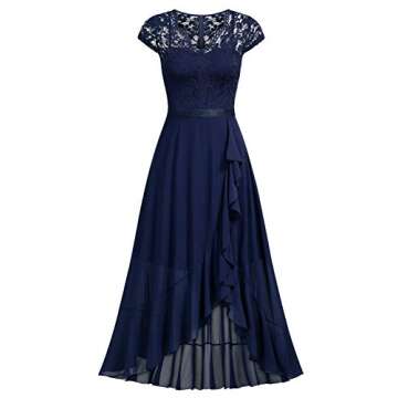Miusol Women's V Neck Elegant Lace Ruffle Bridesmaid Maxi Dress (Medium, Navy Blue)