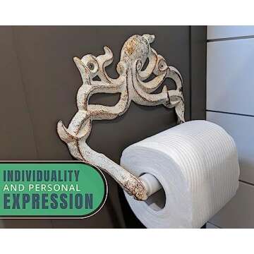 Decorative Cast Iron Octopus Toilet Paper Roll Holder – Wall Mounted Octopus Décor for Bathroom – Kraken, Nautical Bathroom Accessories – Easy to Install with Included Screws and Anchors - Rust White