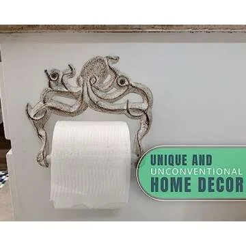 Decorative Cast Iron Octopus Toilet Paper Roll Holder – Wall Mounted Octopus Décor for Bathroom – Kraken, Nautical Bathroom Accessories – Easy to Install with Included Screws and Anchors - Rust White