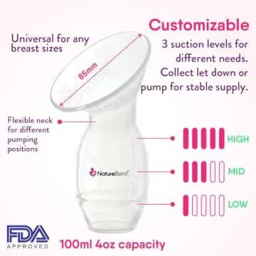 NatureBond Silicone Breast Pump with lid, Stopper, Strap, Pouch. Breastfeeding Essential Premium All...