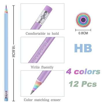 Ainiv 12PCS Eco-friendly Wood & Plastic Free Recycled Rainbow Paper Pencils #2 HB Pencils Number 2 Pencils Erasers Toppers with Pencil Sharpener, Macaron Colored Pencils for School and Office Supplies