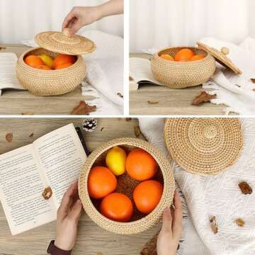 Hipiwe Round Rattan Basket Box with Lid Hand-Woven Wicker Basket Bin Tray Multi-Purpose Picnic Food ...