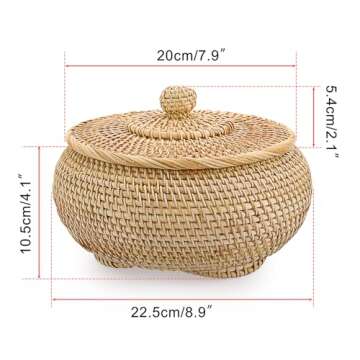 Hipiwe Round Rattan Basket Box with Lid Hand-Woven Wicker Basket Bin Tray Multi-Purpose Picnic Food Bread Storage Basket Decorative Box for Home Bathroom Shelf Organizing, Small
