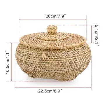 Hipiwe Round Rattan Basket Box with Lid Hand-Woven Wicker Basket Bin Tray Multi-Purpose Picnic Food Bread Storage Basket Decorative Box for Home Bathroom Shelf Organizing, Small