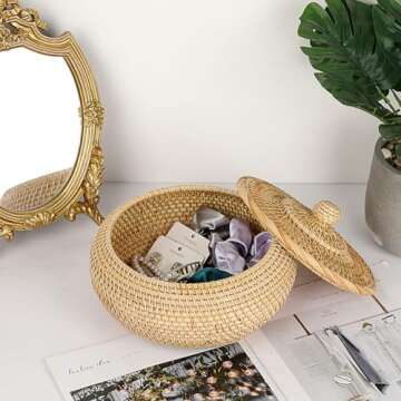 Hipiwe Round Rattan Basket Box with Lid Hand-Woven Wicker Basket Bin Tray Multi-Purpose Picnic Food Bread Storage Basket Decorative Box for Home Bathroom Shelf Organizing, Small