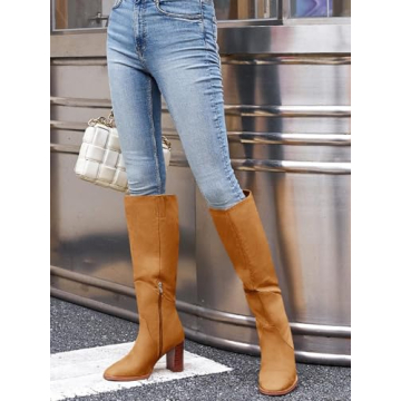 Coutgo Womens Knee High Boots Square Toe Chunky Block Heel Side Zipper Faux Suede Long Boots Fall Winter Shoes, Brown, Size 7.5