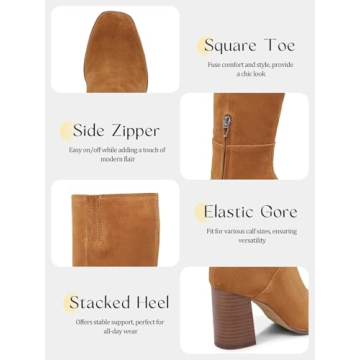 Coutgo Womens Knee High Boots Square Toe Chunky Block Heel Side Zipper Faux Suede Long Boots Fall Winter Shoes, Brown, Size 7.5