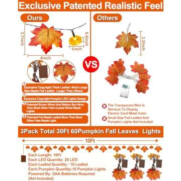 [ Timer & 3 Pack & Pumpkin ] 30Ft Fall Garland Thanksgiving Decorations for Home 60 LED Leaf Pumpkin Lights Patented Realistic Maples Leafed Battery Operated Halloween Lights Fall Thanksgiving Decor