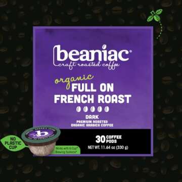 beaniac Organic Full On French Roast, Dark Roast, Single Serve Compostable K Cup Coffee Pods, Organi...