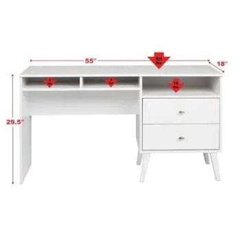 Prepac WEHR-1413-1 Milo Mid-Century Modern Desk with 2 Drawers, 55 Inch Home Office Desk with Storage, White