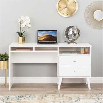 Prepac WEHR-1413-1 Milo Mid-Century Modern Desk with 2 Drawers, 55 Inch Home Office Desk with Storage, White