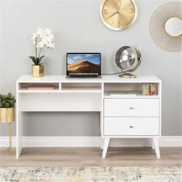 Prepac WEHR-1413-1 Milo Mid-Century Modern Desk with 2 Drawers, 55 Inch Home Office Desk with Storage, White
