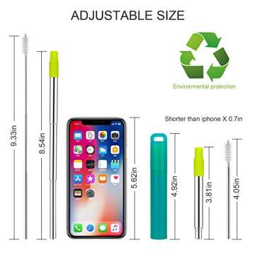 Metal Straws Reusable Collapsible Stainless Steel Straws Portable Telescopic Drinking Straw for Tumbler Cold Beverage with Aluminum Key-chain Cases, Cleaning Brushes