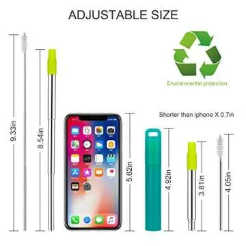 Metal Straws Reusable Collapsible Stainless Steel Straws Portable Telescopic Drinking Straw for Tumbler Cold Beverage with Aluminum Key-chain Cases, Cleaning Brushes