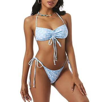 ZAFUL Women's Floral Print Cinched Tie String Bandeau Bikini Set Swimsuit (B-Blue, S)
