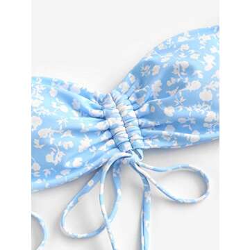 ZAFUL Women's Floral Print Cinched Tie String Bandeau Bikini Set Swimsuit (B-Blue, S)