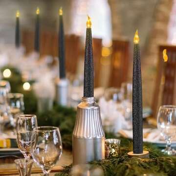 FURORA LIGHTING Black Glittery LED Taper Candles Pack of 6, Flameless Flickering Taper Candles with Timer for Home Décor Holiday Décor, Battery Operated