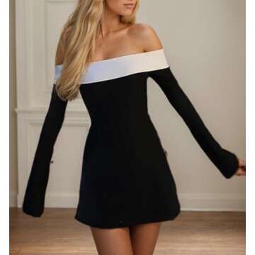 QIISEVEN Off The Shoulder Mini Dress Long Sleeve Elegant Bodycon Dress Cocktail Y2K Ruffle Brunch Chic Dresses (Black,Small)