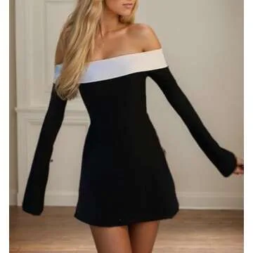 QIISEVEN Off The Shoulder Mini Dress Long Sleeve Elegant Bodycon Dress Cocktail Y2K Ruffle Brunch Chic Dresses (Black,Small)