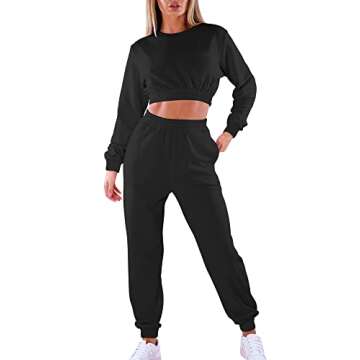 Mokoru Women's Workout 2 Piece Outfits Tracksuit Long Sleeve Crop Tops Joggers Pants Sets Sweatsuits,Large,Black