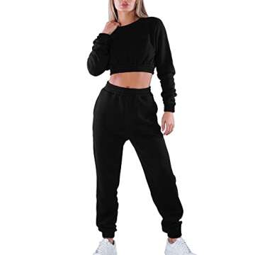 Mokoru Women's Workout 2 Piece Outfits Tracksuit Long Sleeve Crop Tops Joggers Pants Sets Sweatsuits,Large,Black