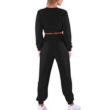 Mokoru Women's Workout 2 Piece Outfits Tracksuit Long Sleeve Crop Tops Joggers Pants Sets Sweatsuits,Large,Black